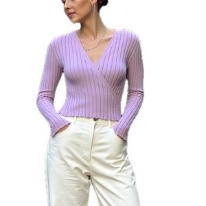 Petal & Pup Ribbed Faux Wrap Cropped Dance Sweater in Lavender Size M